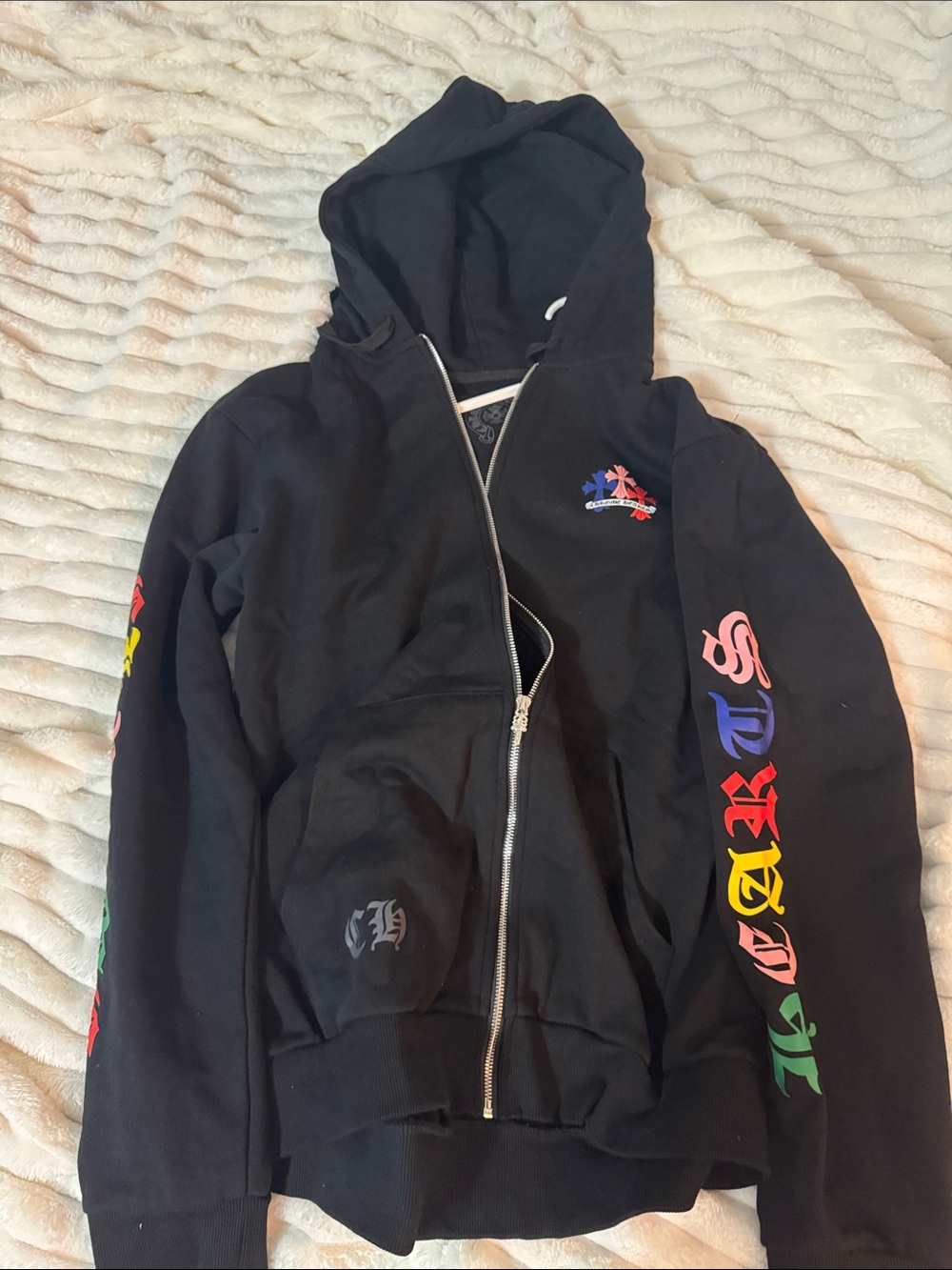 Chrome hearts Black Graphic Zip-Up Hoodie with Multicolor Sleeve Prints